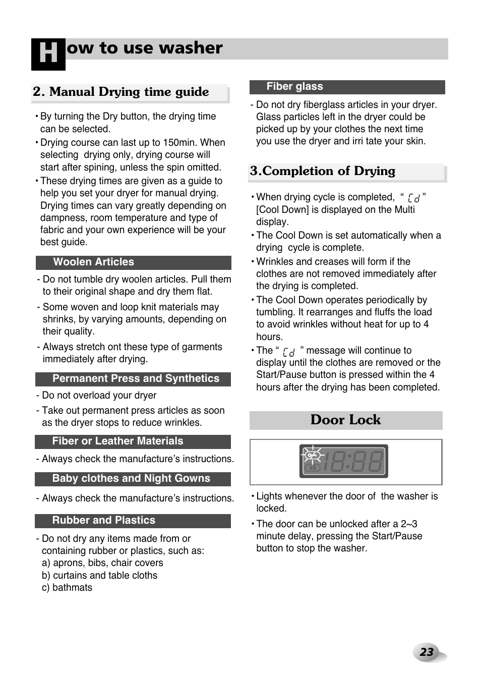 Ow to use washer, Door lock | LG WD-1259 series User Manual | Page 23 / 64