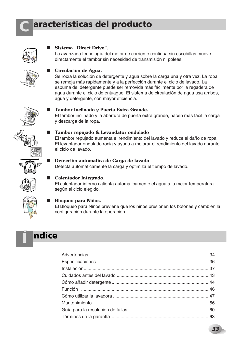 Aracterísticas del producto, Ndice | LG WD-1259 series User Manual | Page 33 / 64