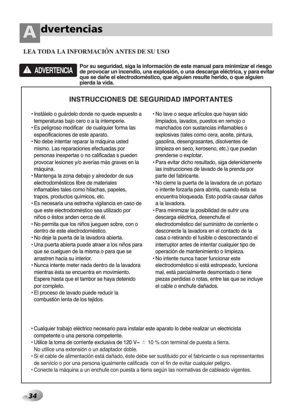 Dvertencias, Advertencia | LG WD-1259 series User Manual | Page 34 / 64