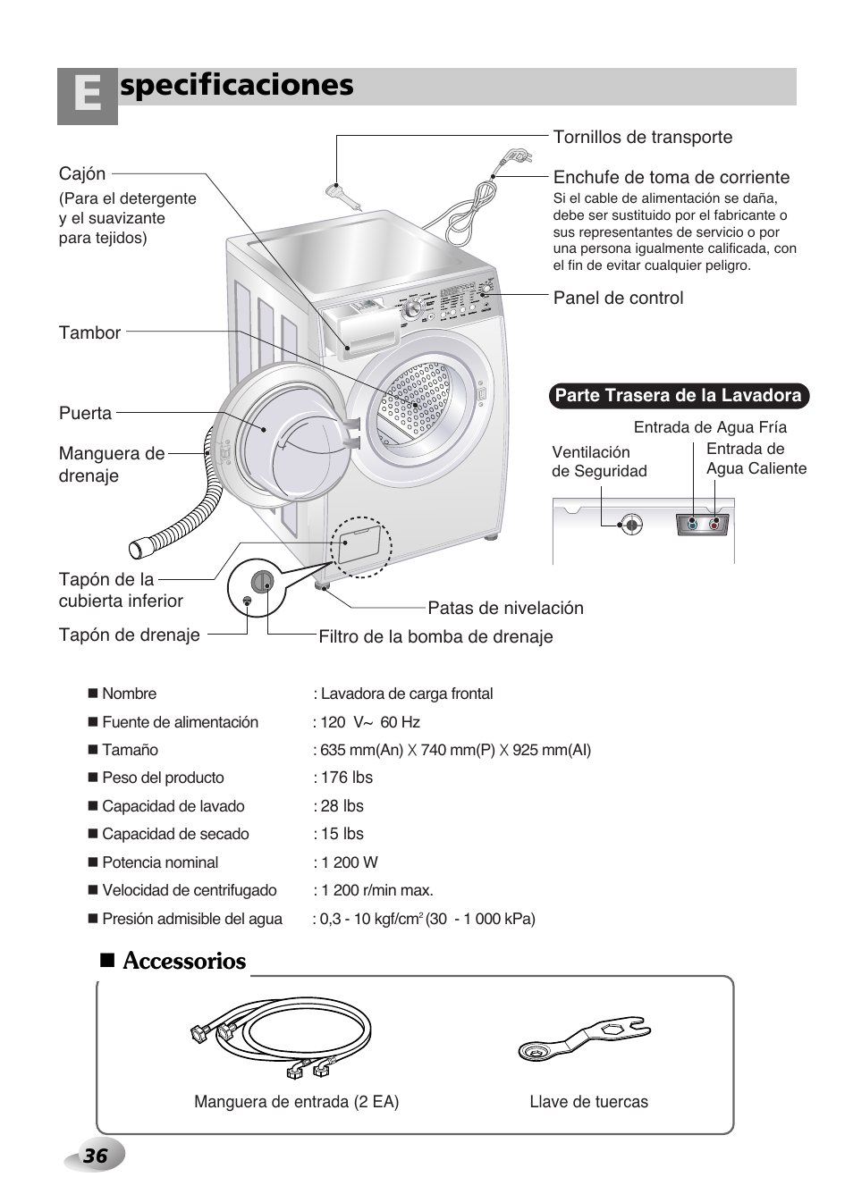 Specificaciones, Accessorios | LG WD-1259 series User Manual | Page 36 / 64