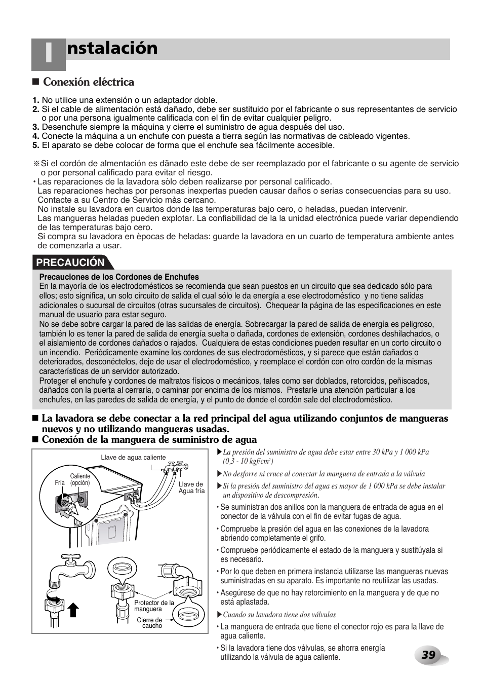 Nstalación, Conexión eléctrica | LG WD-1259 series User Manual | Page 39 / 64