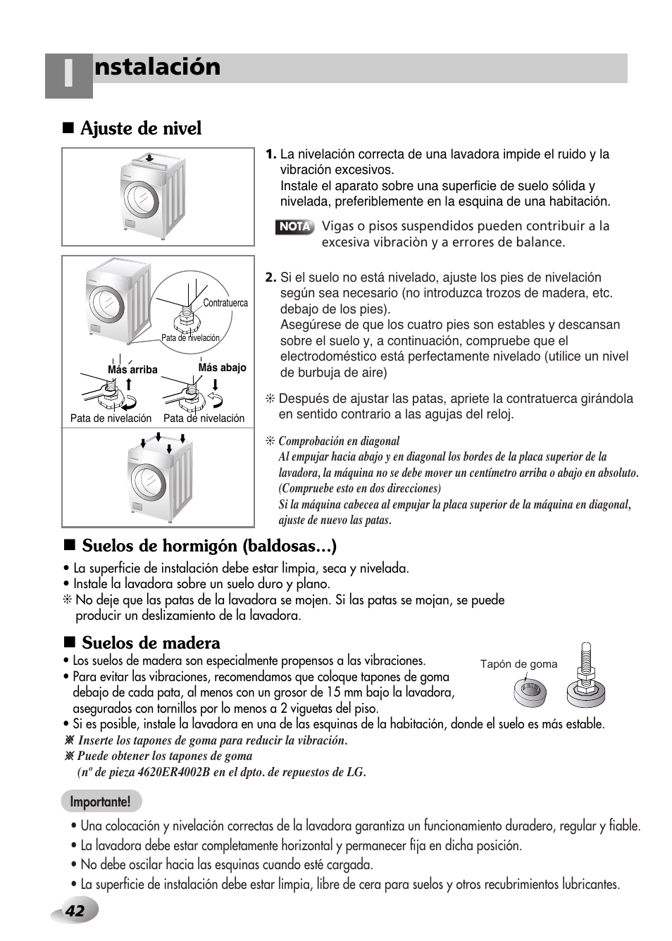 Nstalación, Ajuste de nivel, Suelos de hormigón (baldosas...) | Suelos de madera | LG WD-1259 series User Manual | Page 42 / 64