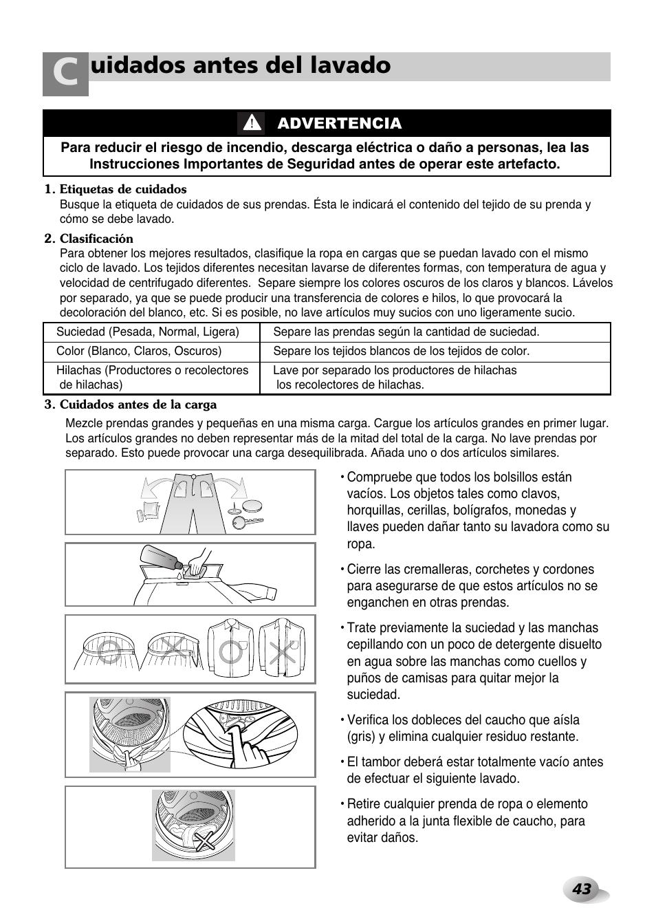 Uidados antes del lavado | LG WD-1259 series User Manual | Page 43 / 64