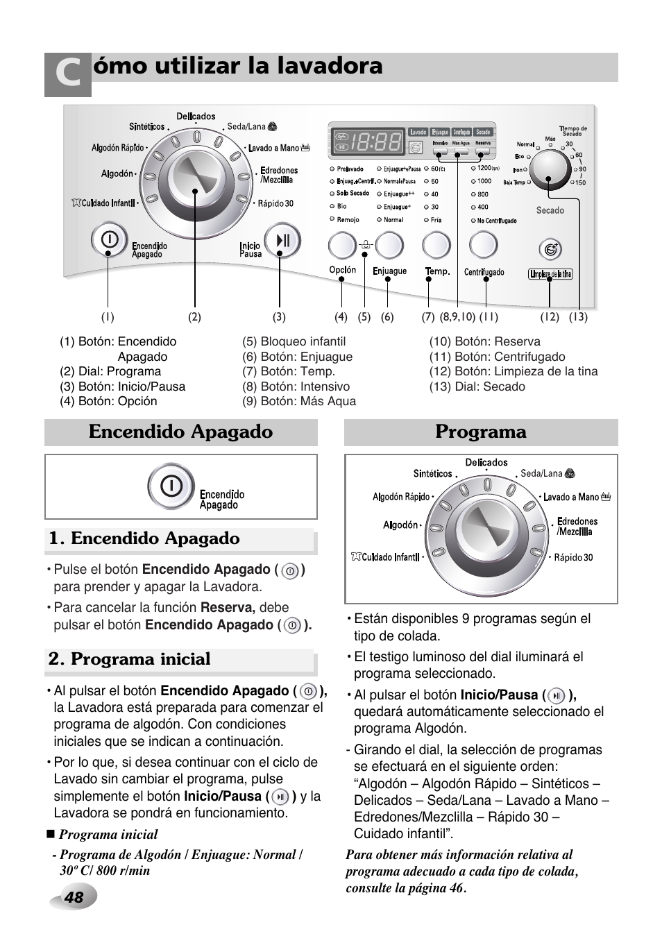 Ómo utilizar la lavadora, Programa, Encendido apagado | Programa inicial | LG WD-1259 series User Manual | Page 48 / 64