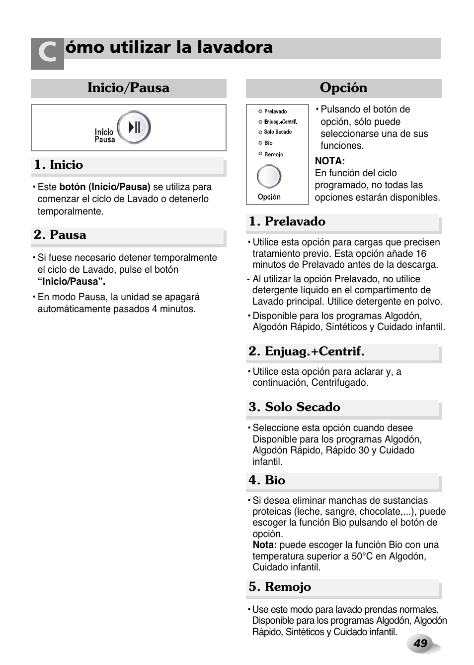 Ómo utilizar la lavadora | LG WD-1259 series User Manual | Page 49 / 64