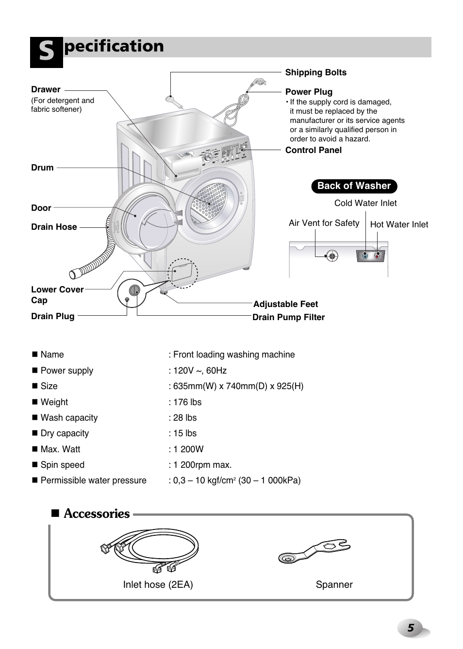 Pecification, Accessories | LG WD-1259 series User Manual | Page 5 / 64