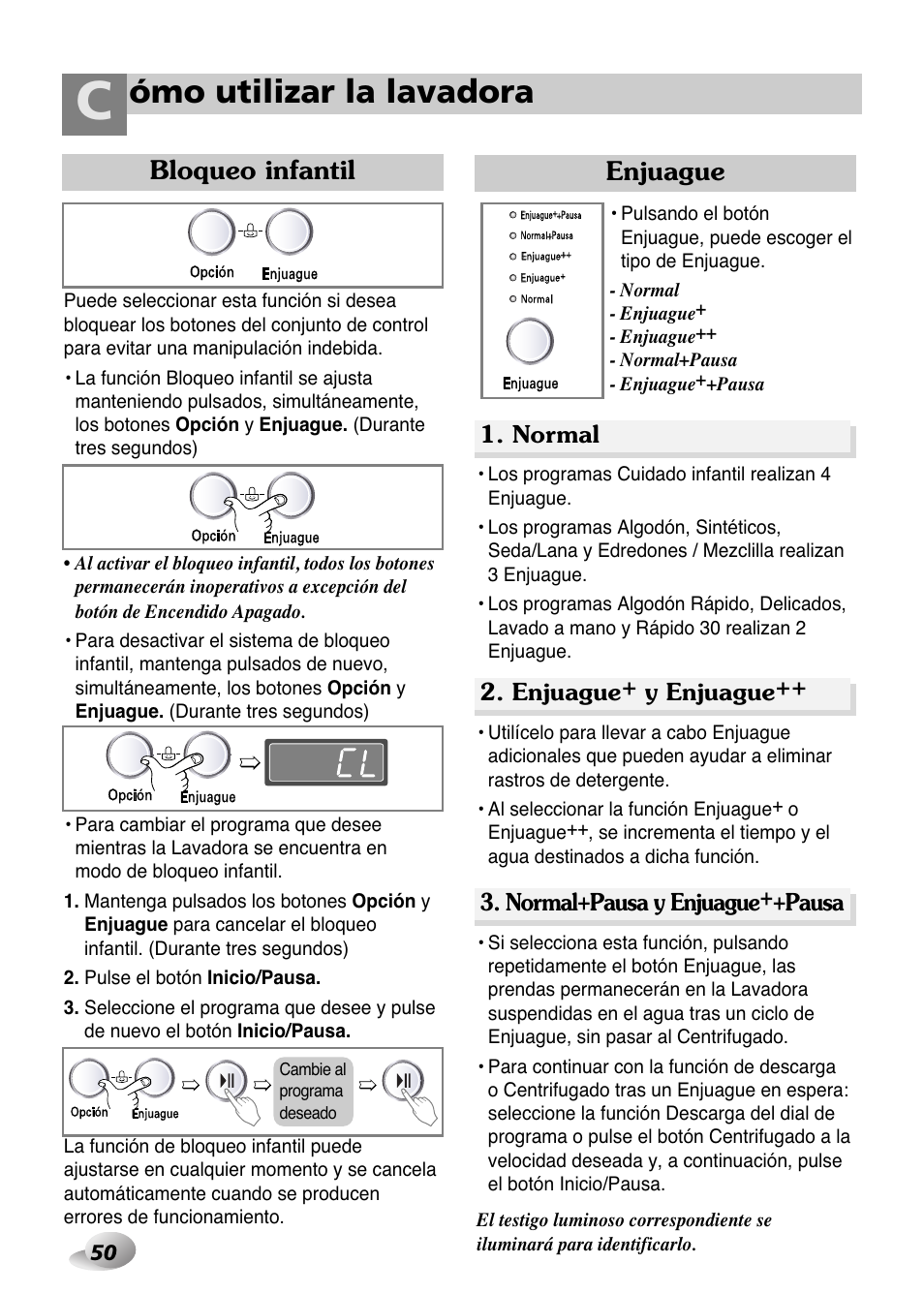 Ómo utilizar la lavadora, Bloqueo infantil, Enjuague | LG WD-1259 series User Manual | Page 50 / 64