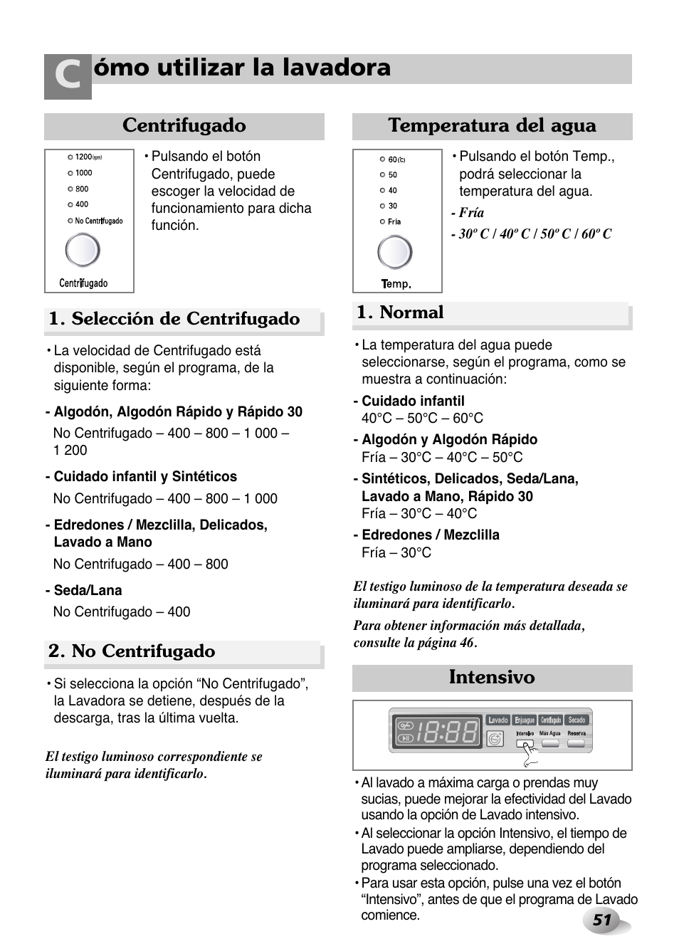 Ómo utilizar la lavadora, Centrifugado, Temperatura del agua | Intensivo | LG WD-1259 series User Manual | Page 51 / 64