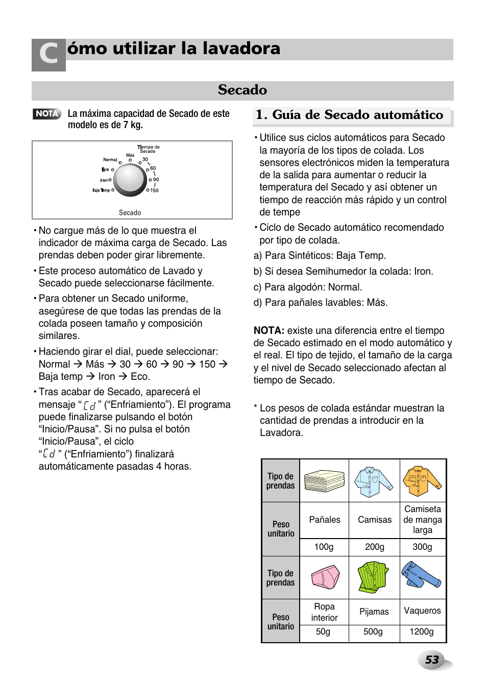 Ómo utilizar la lavadora, Secado, Guía de secado automático | LG WD-1259 series User Manual | Page 53 / 64