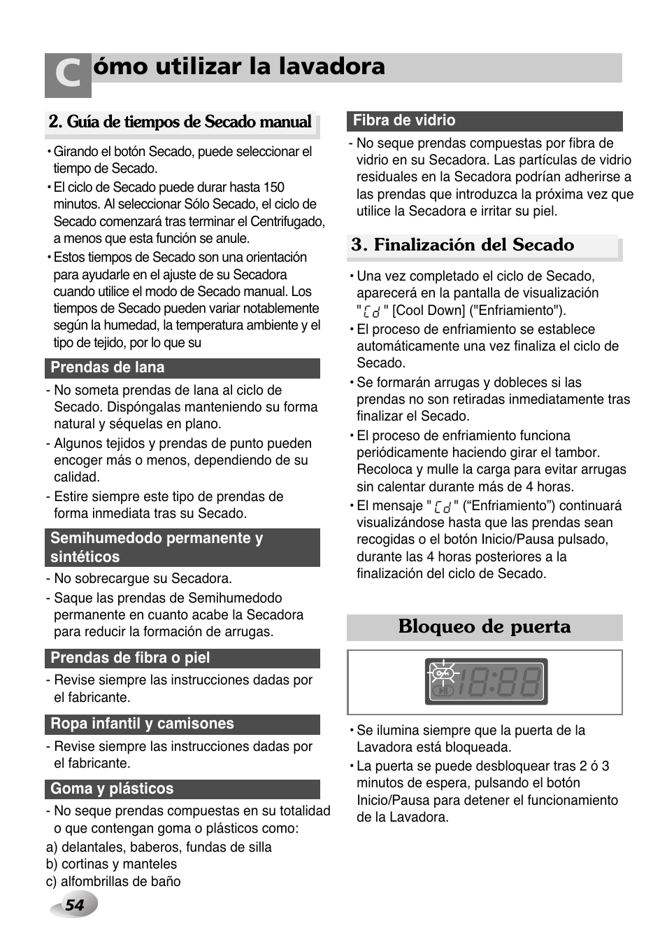 Ómo utilizar la lavadora, Bloqueo de puerta | LG WD-1259 series User Manual | Page 54 / 64