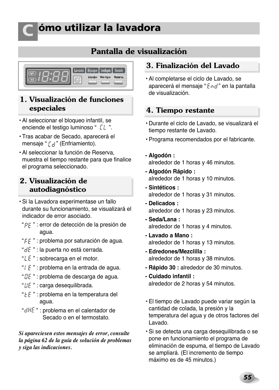 Ómo utilizar la lavadora, Pantalla de visualización | LG WD-1259 series User Manual | Page 55 / 64