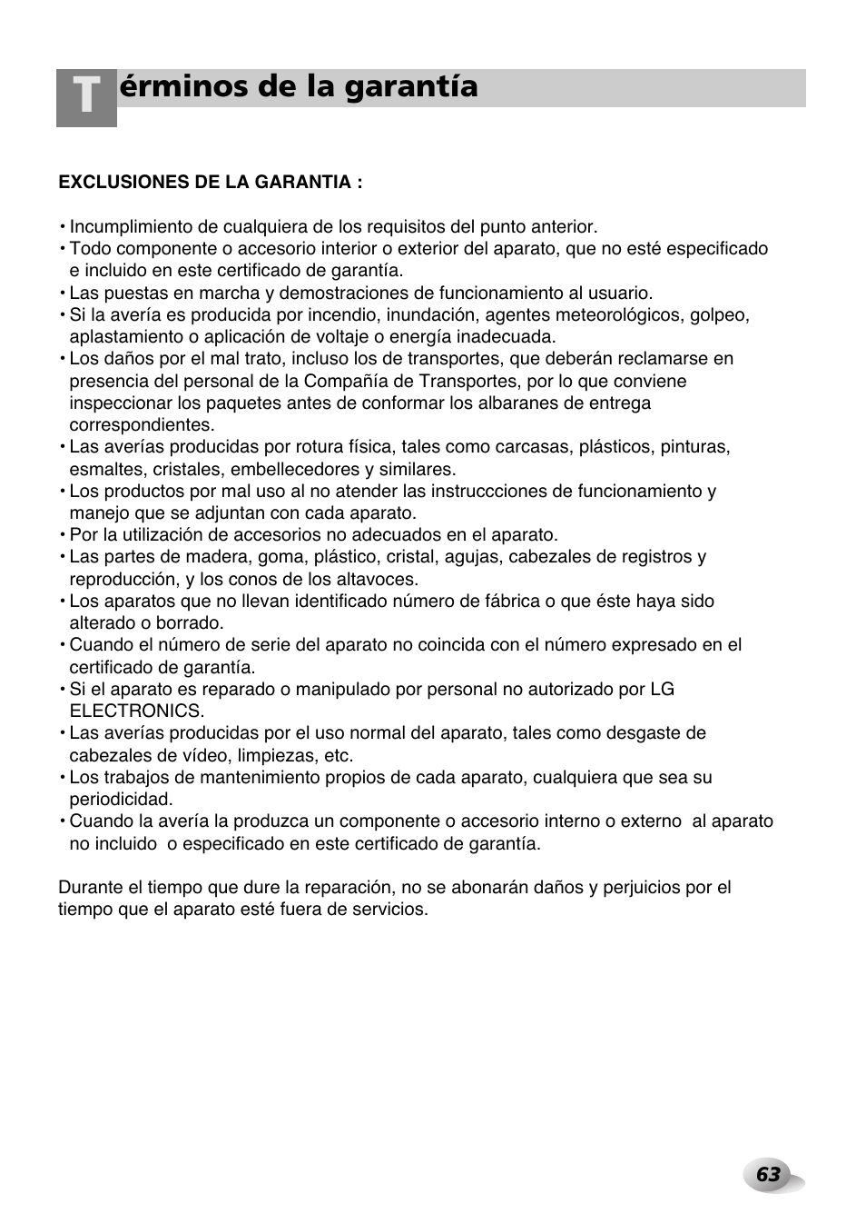 Érminos de la garantía | LG WD-1259 series User Manual | Page 63 / 64