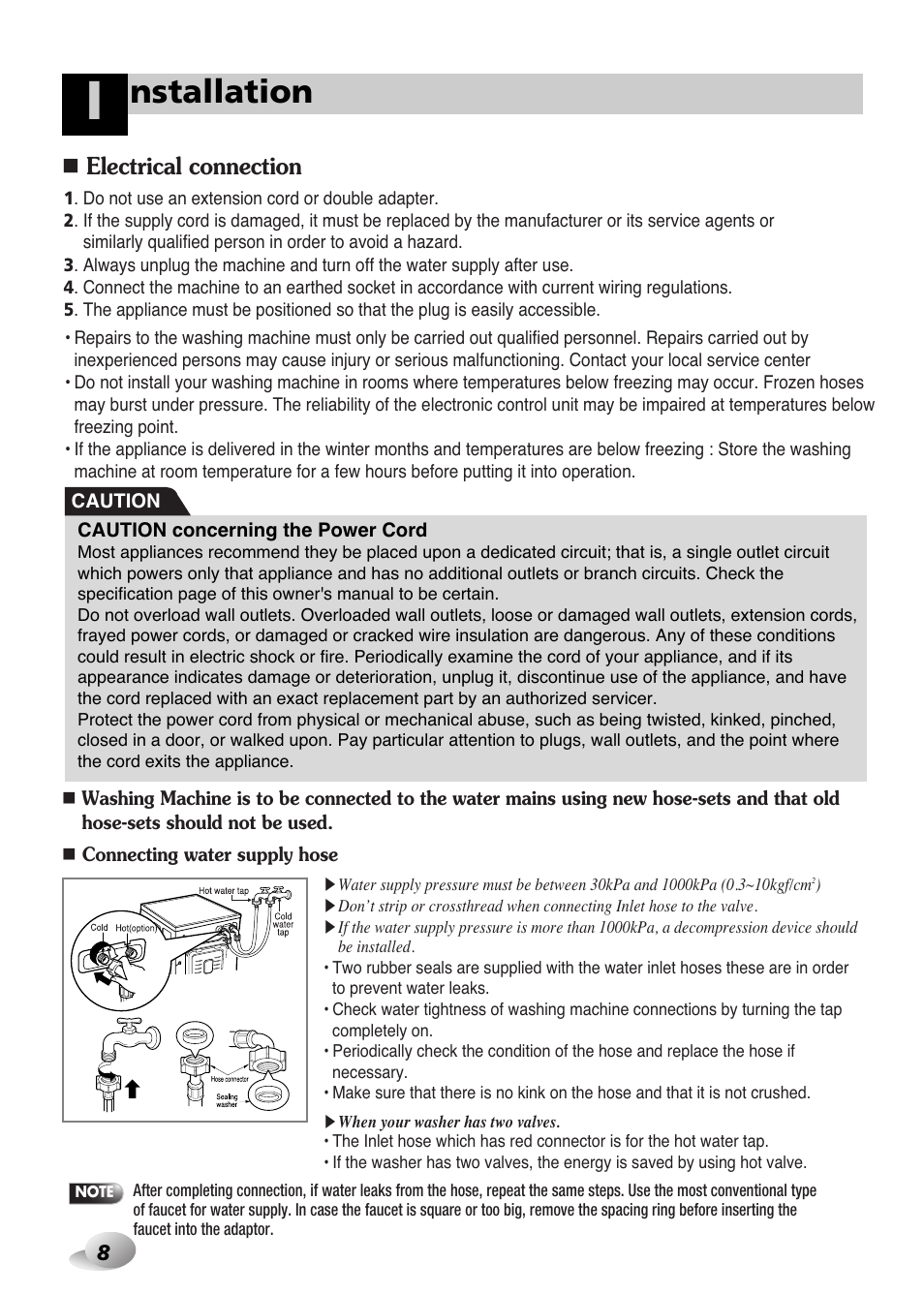 Nstallation, Electrical connection | LG WD-1259 series User Manual | Page 8 / 64