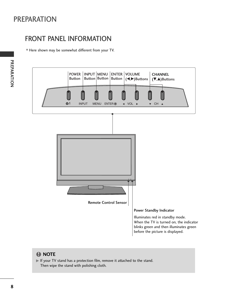 Front panel information, Preparation | LG 23LS7D User Manual | Page 10 / 78