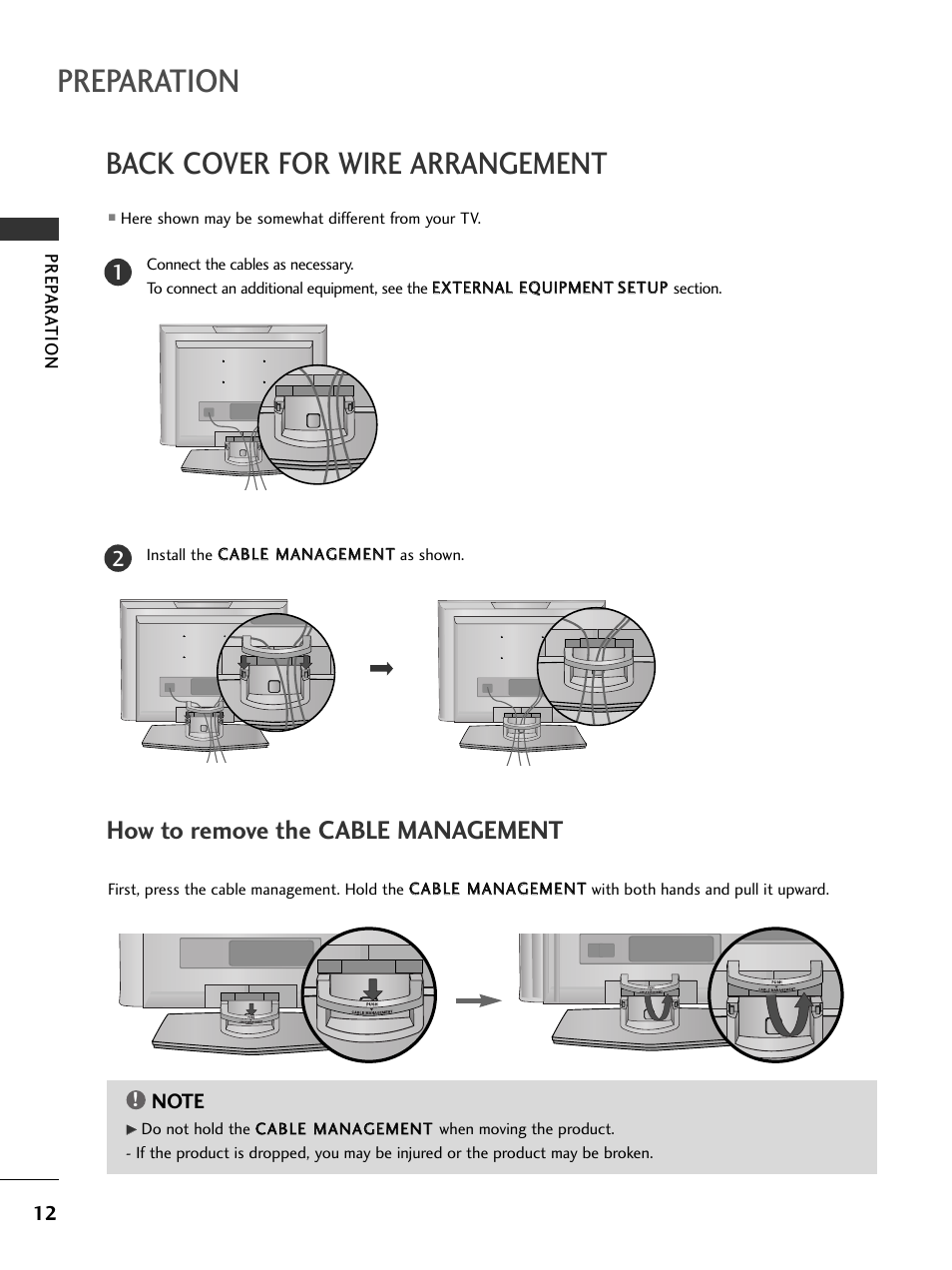 Back cover for wire arrangement, Preparation, How to remove the cable management | LG 23LS7D User Manual | Page 14 / 78