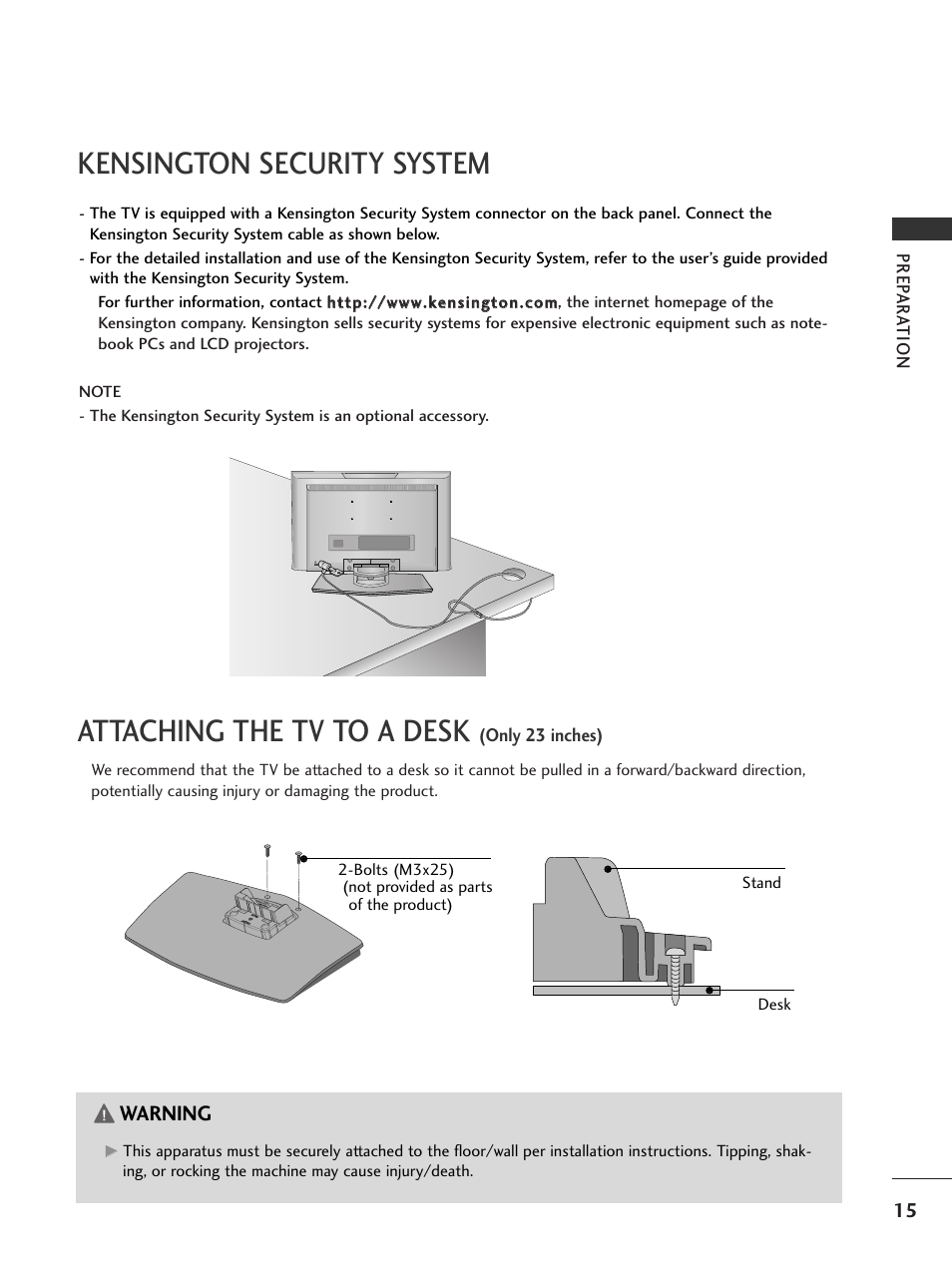 Kensington security system, Attaching the tv to a desk, Warning | LG 23LS7D User Manual | Page 17 / 78