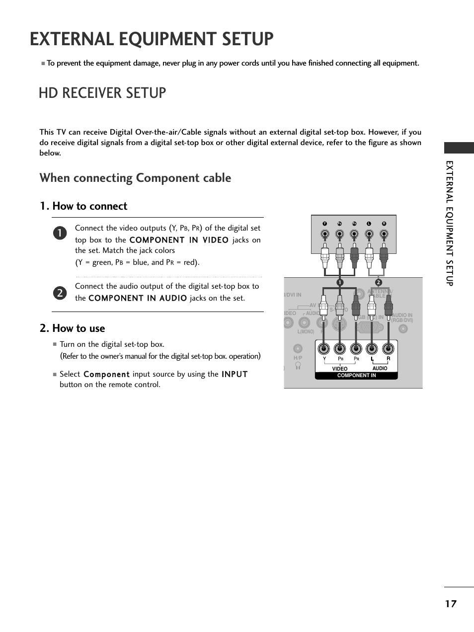 External equipment setup, Hd receiver setup, When connecting component cable | How to connect, How to use, External eq uipment setup | LG 23LS7D User Manual | Page 19 / 78