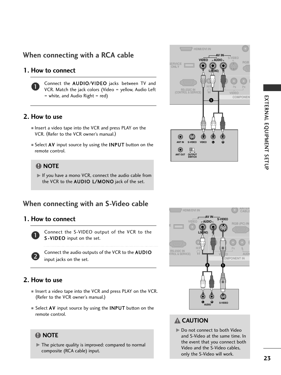 When connecting with a rca cable, When connecting with an s-video cable, How to connect 2. how to use | Caution, External eq uipment setup | LG 23LS7D User Manual | Page 25 / 78