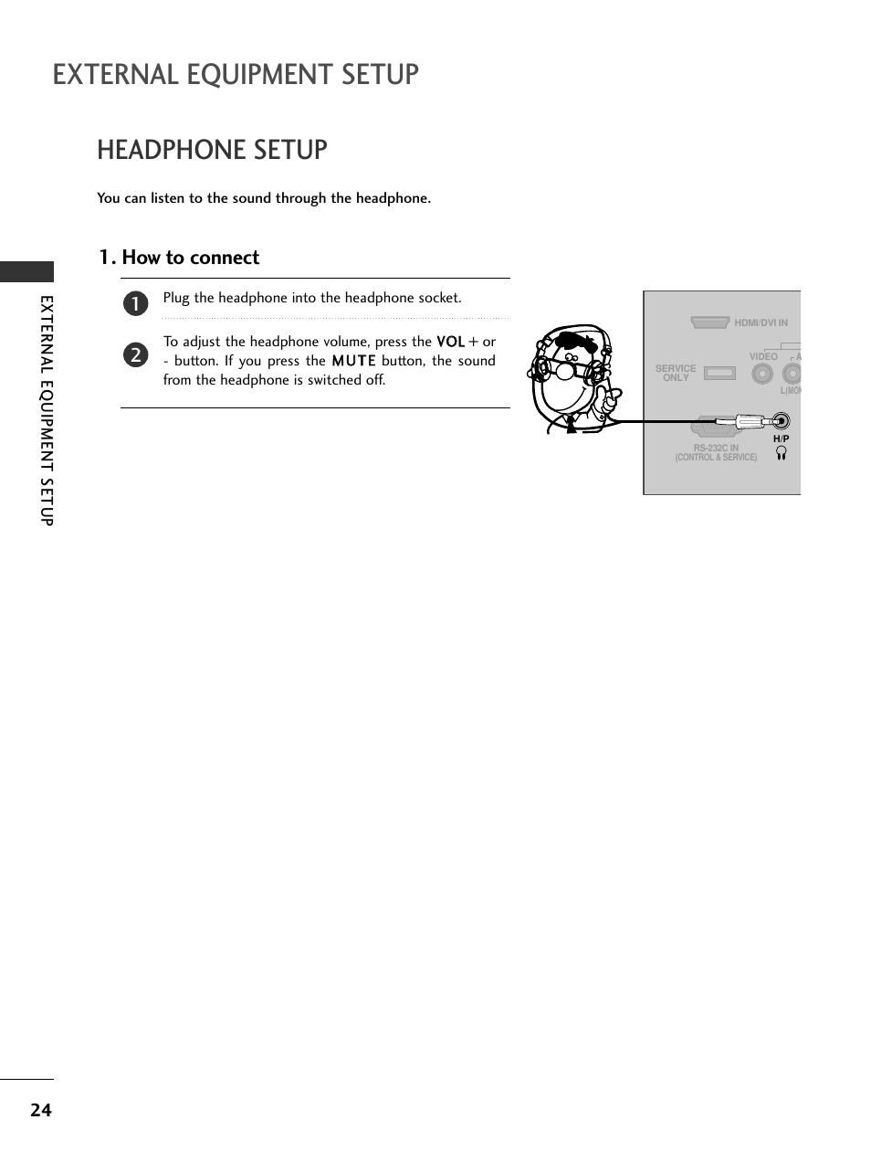 Headphone setup, External equipment setup, How to connect | LG 23LS7D User Manual | Page 26 / 78