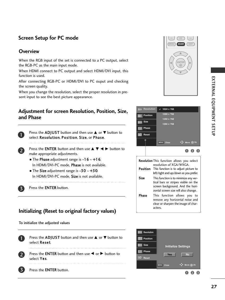 Screen setup for pc mode, Screen setup for pc mode overview, Initializing (reset to original factory values) | External eq uipment setup | LG 23LS7D User Manual | Page 29 / 78