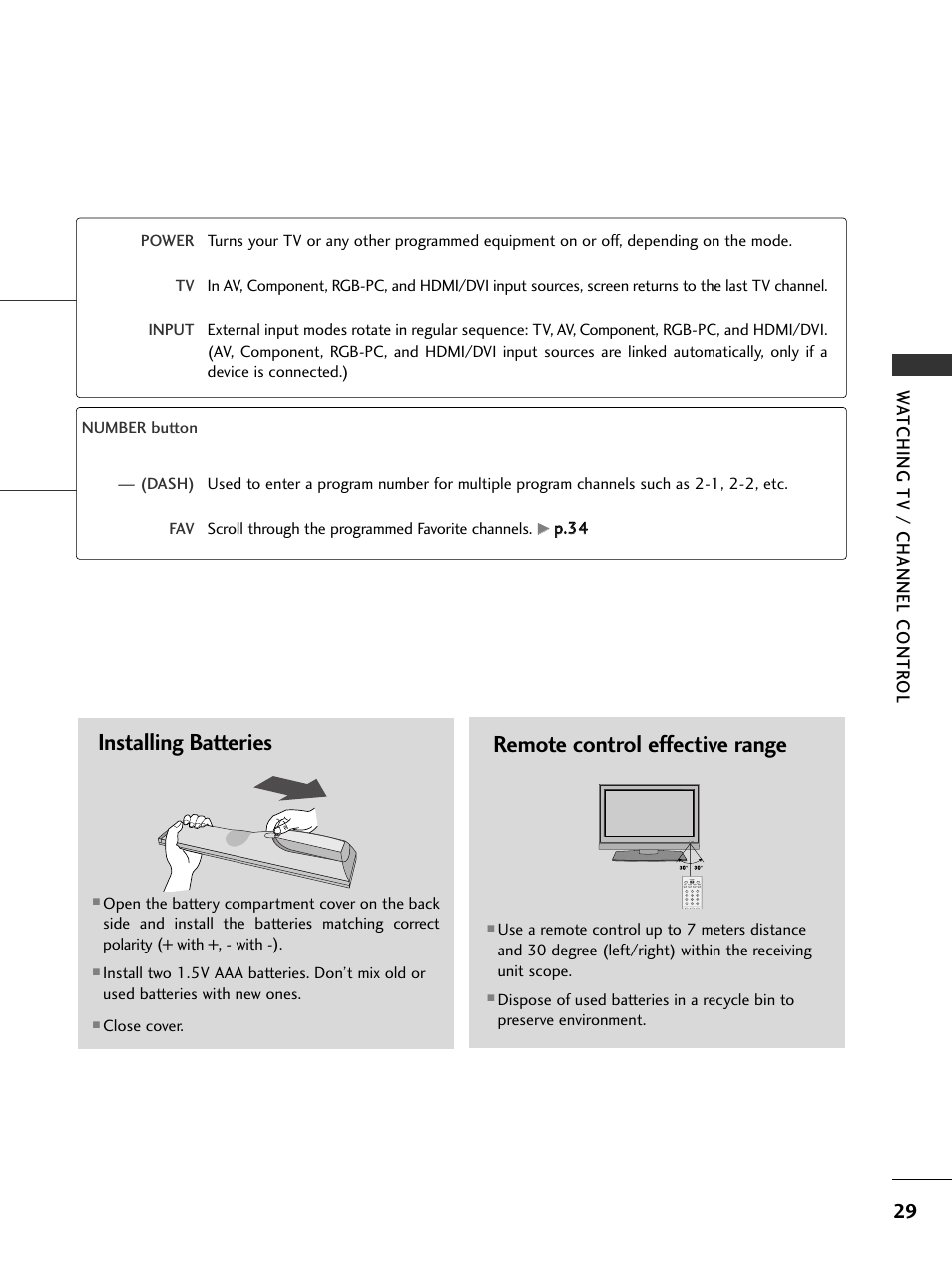 Installing batteries, Remote control effective range, Wa tching tv / channel contr ol | LG 23LS7D User Manual | Page 31 / 78