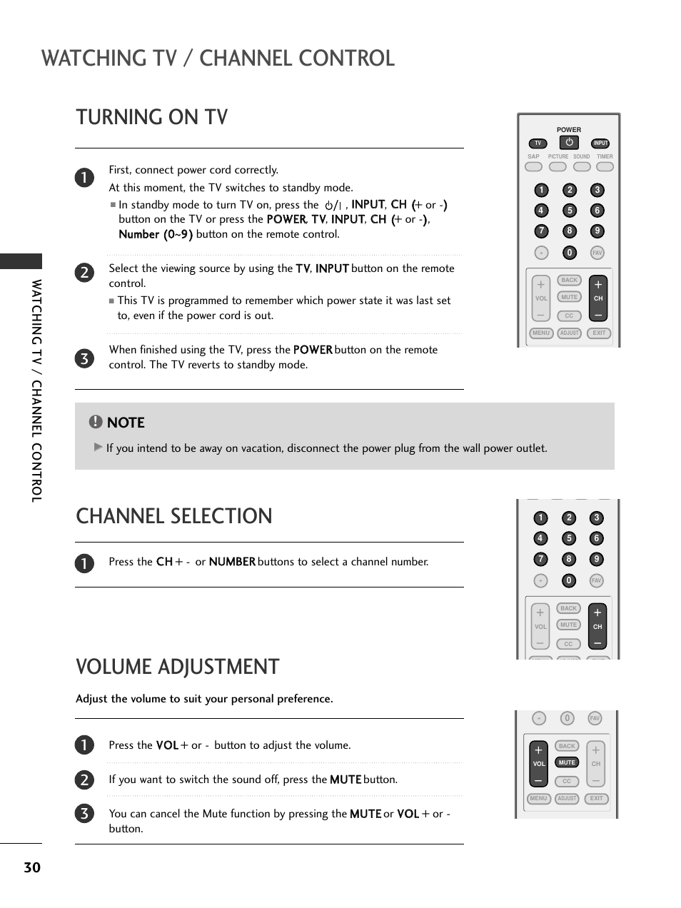 Turning on tv, Channel selection, Volume adjustment | Watching tv / channel control, Volume adjustment channel selection, Wa tching tv / channel contr ol | LG 23LS7D User Manual | Page 32 / 78