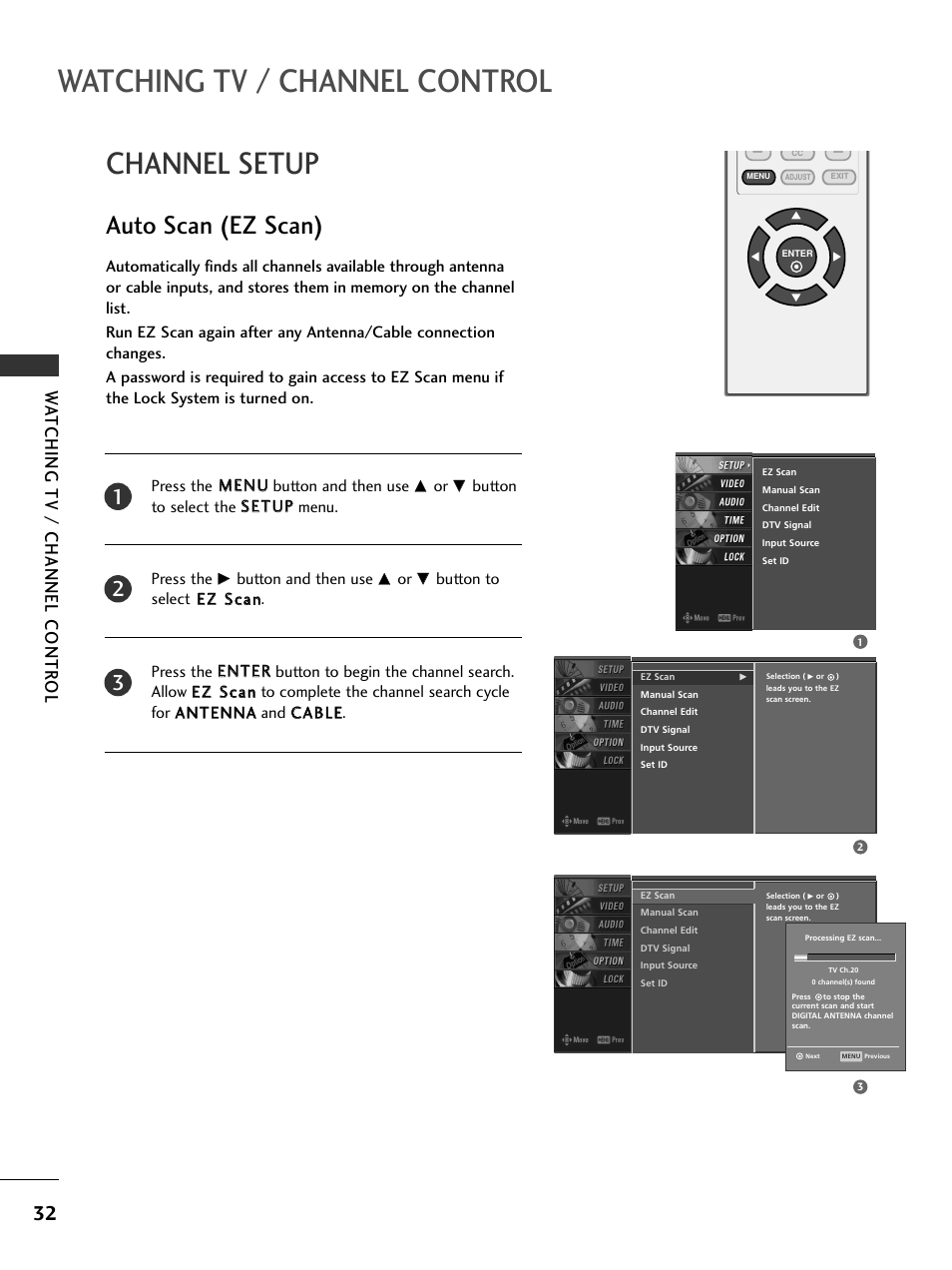 Channel setup, Auto scan (ez scan), Watching tv / channel control | Wa tching tv / channel contr ol | LG 23LS7D User Manual | Page 34 / 78