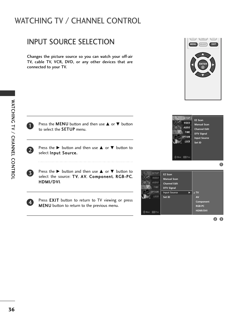 Input source selection, Watching tv / channel control, Wa tching tv / channel contr ol | LG 23LS7D User Manual | Page 38 / 78