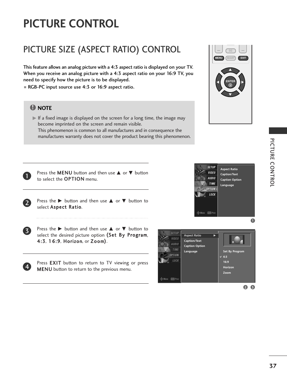 Picture control, Picture size (aspect ratio) control, Picture contr ol | LG 23LS7D User Manual | Page 39 / 78