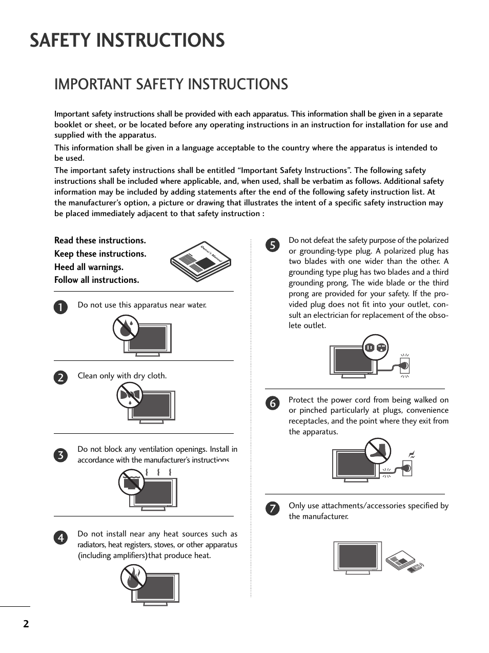 Safety instructions, Important safety instructions | LG 23LS7D User Manual | Page 4 / 78