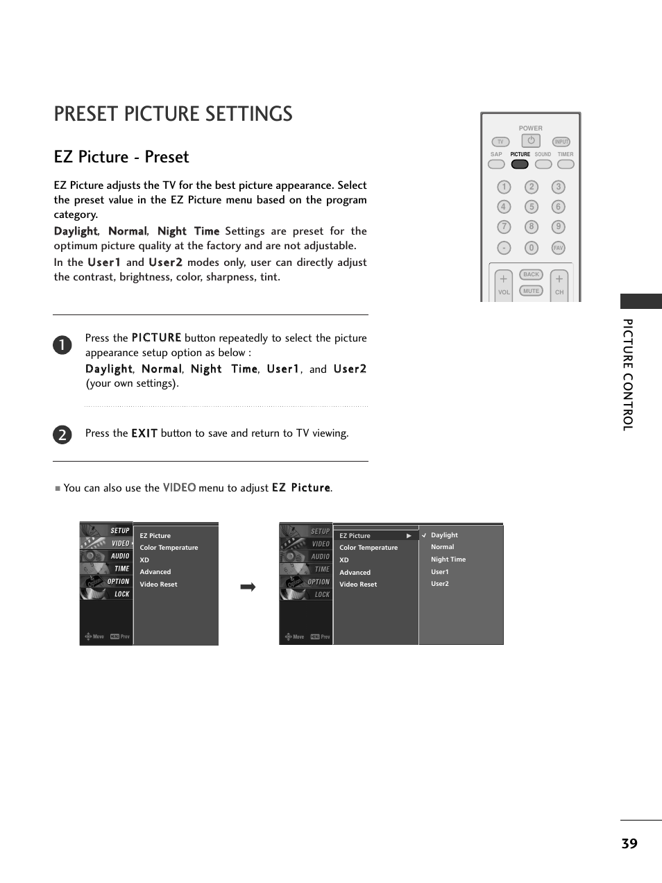 Preset picture settings, Ez picture - preset, Picture contr ol | LG 23LS7D User Manual | Page 41 / 78