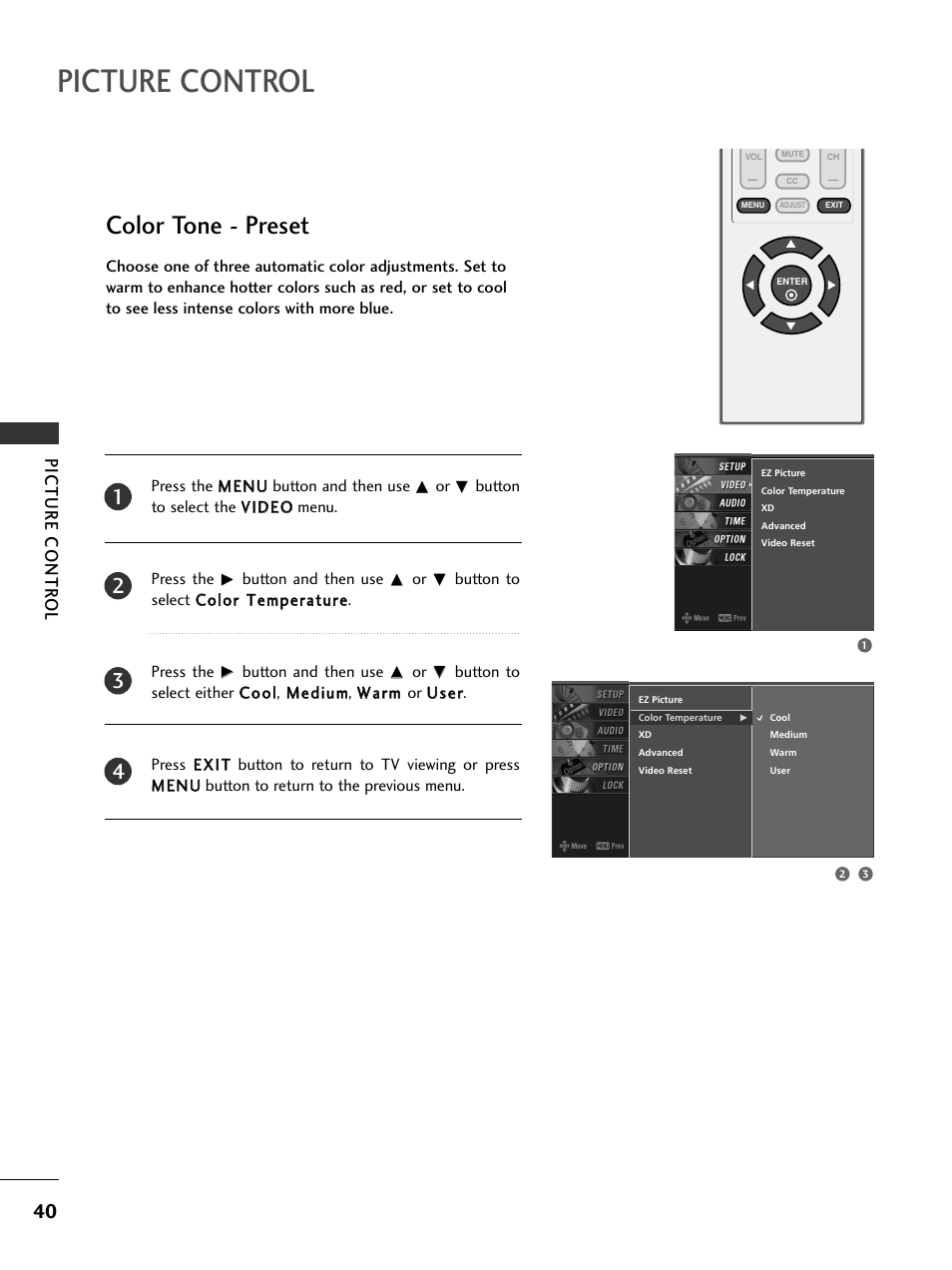 Color tone - preset, Picture control, Picture contr ol | LG 23LS7D User Manual | Page 42 / 78