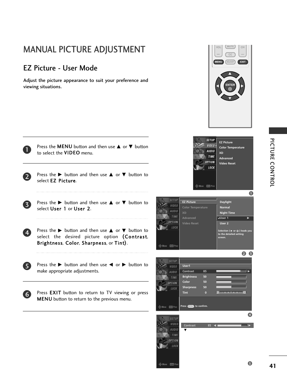 Manual picture adjustment, Ez picture - user mode, Picture contr ol | LG 23LS7D User Manual | Page 43 / 78