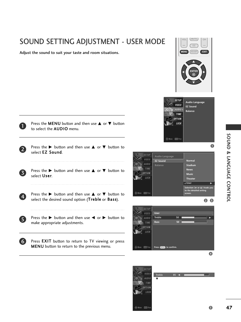 Sound setting adjustment - user mode, Sound & langu a ge contr ol | LG 23LS7D User Manual | Page 49 / 78