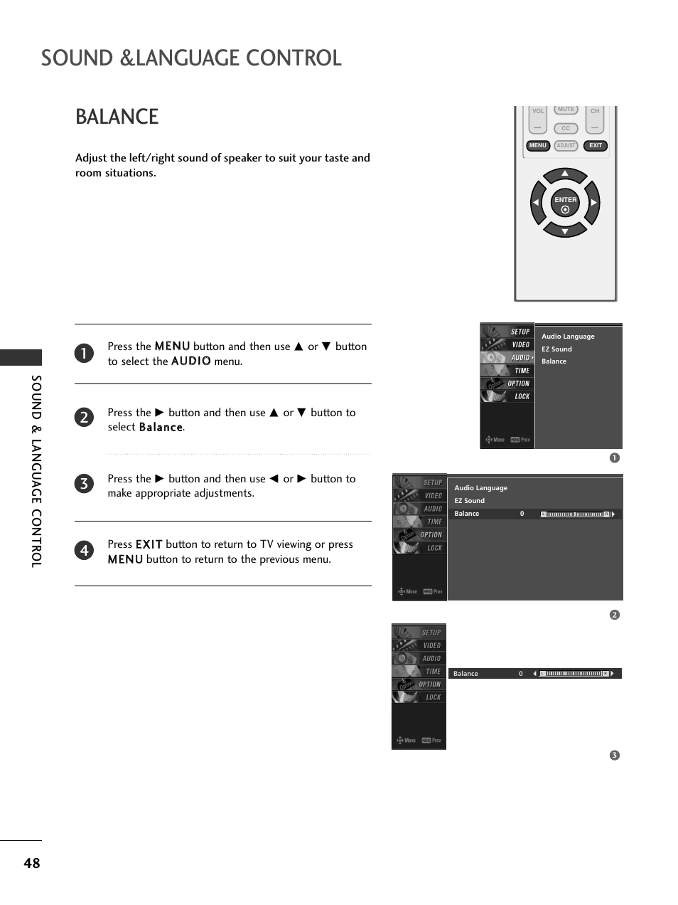 Balance, Sound &language control, Sound & langu a ge contr ol | LG 23LS7D User Manual | Page 50 / 78