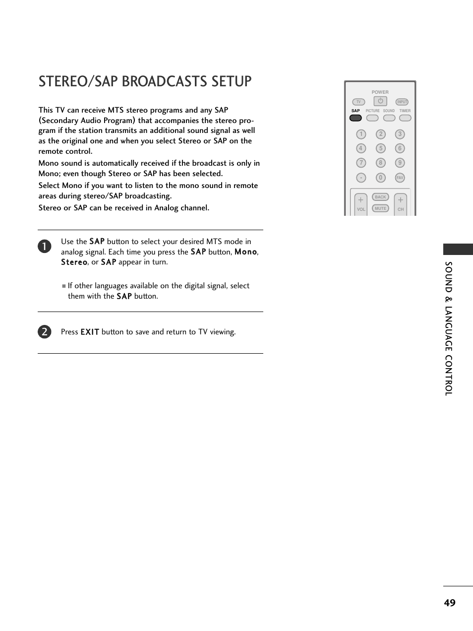 Stereo/sap broadcasts setup, Sound & langu a ge contr ol | LG 23LS7D User Manual | Page 51 / 78