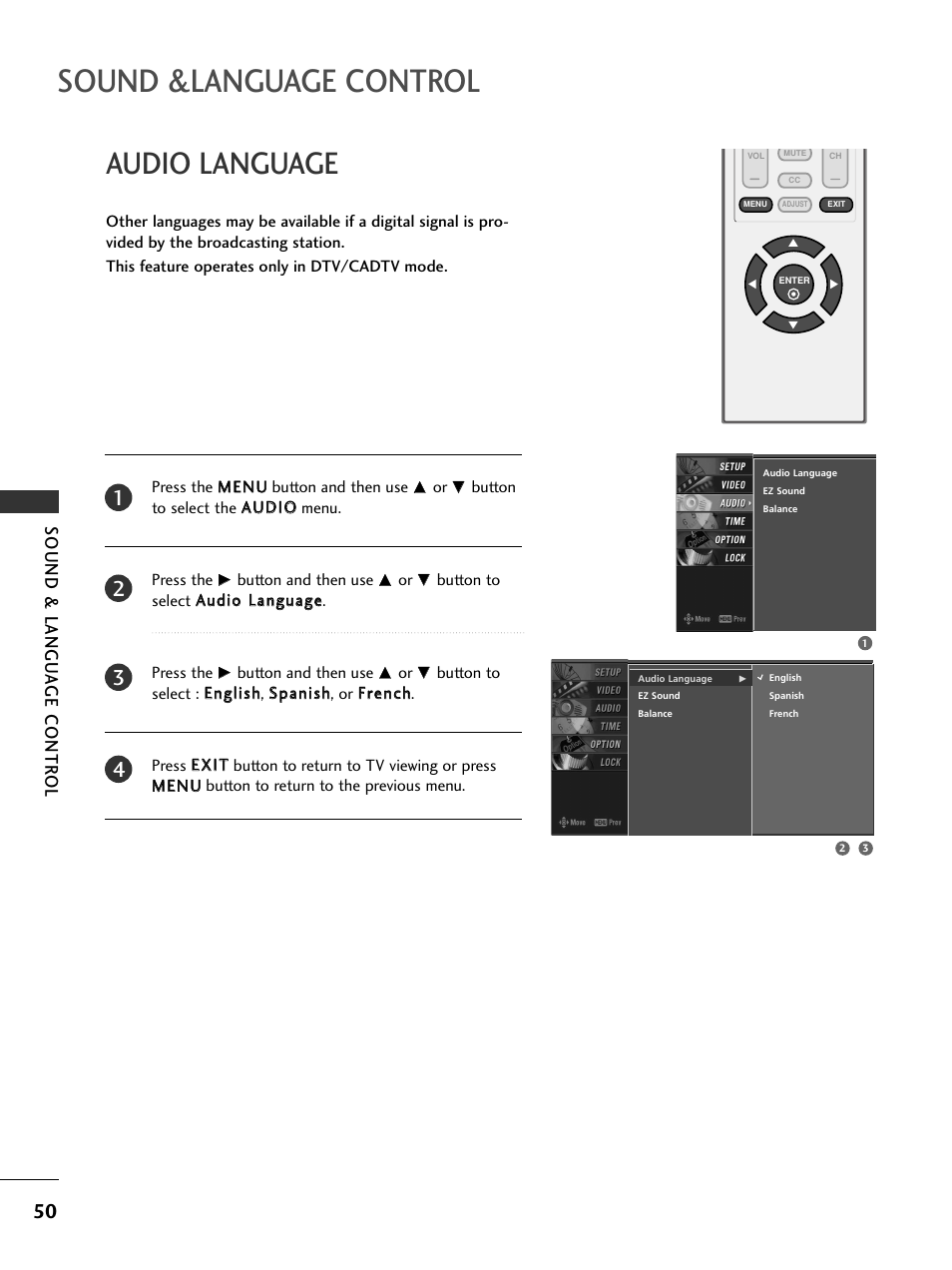 Audio language, Sound &language control, Sound & langu a ge contr ol | LG 23LS7D User Manual | Page 52 / 78