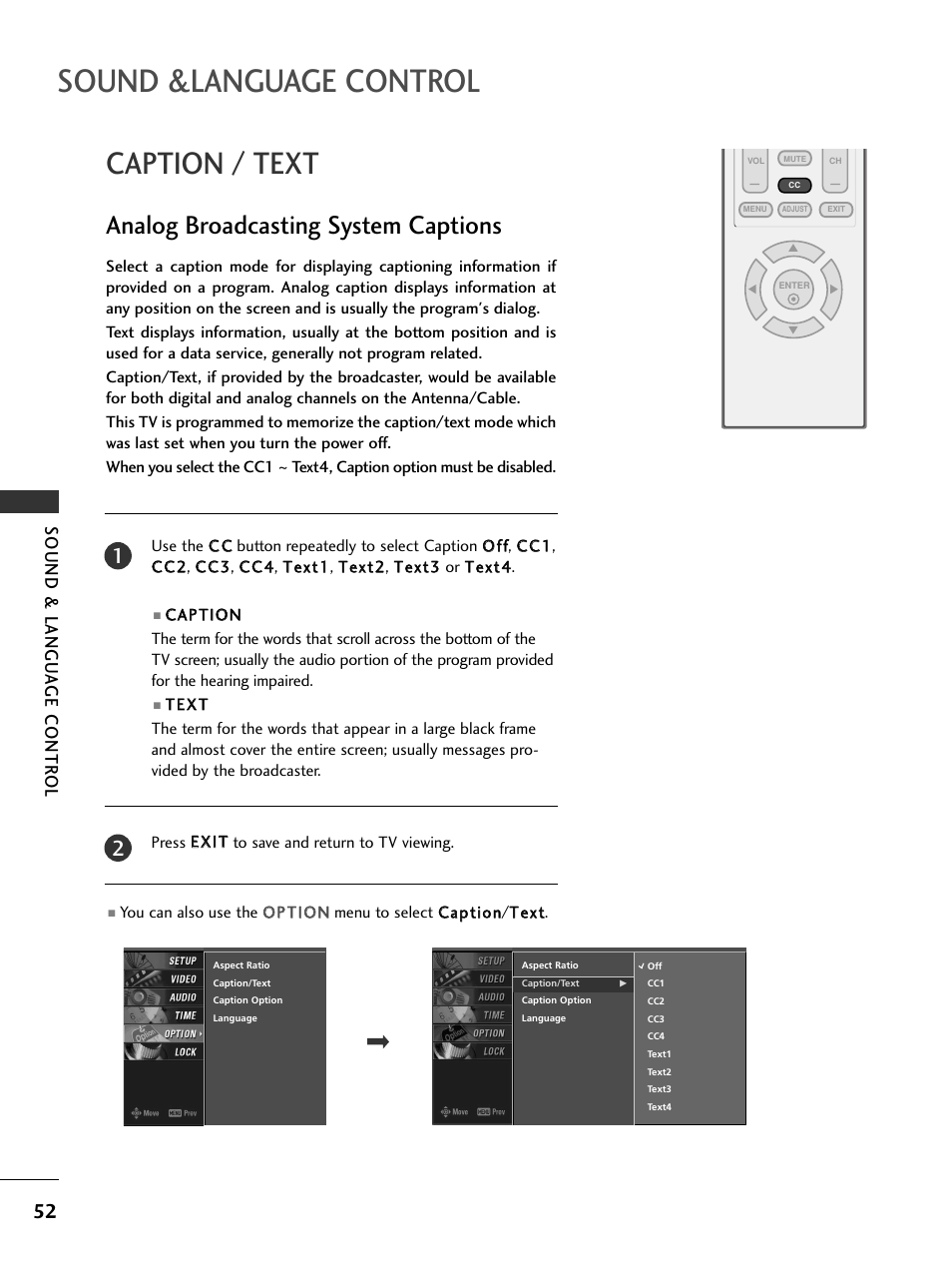 Caption / text, Analog broadcasting system captions, Sound &language control | Sound & langu a ge contr ol | LG 23LS7D User Manual | Page 54 / 78