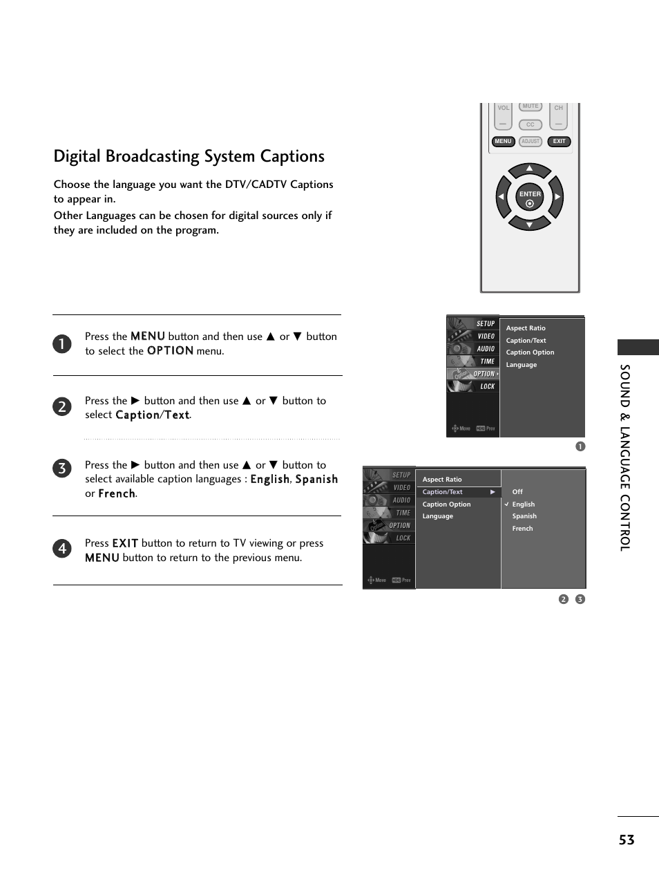 Digital broadcasting system captions, Sound & langu a ge contr ol | LG 23LS7D User Manual | Page 55 / 78