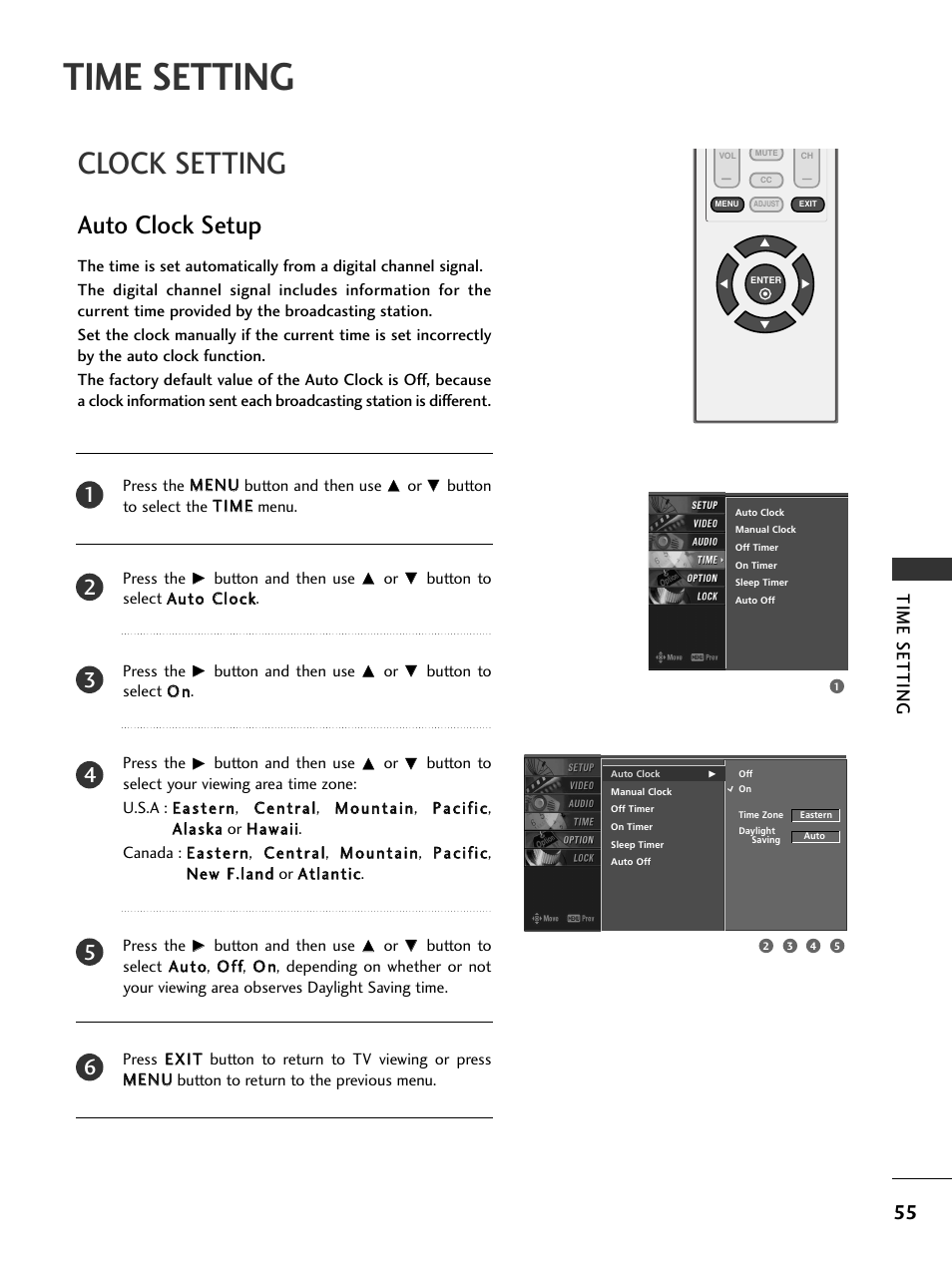 Time setting, Clock setting, Auto clock setup | LG 23LS7D User Manual | Page 57 / 78
