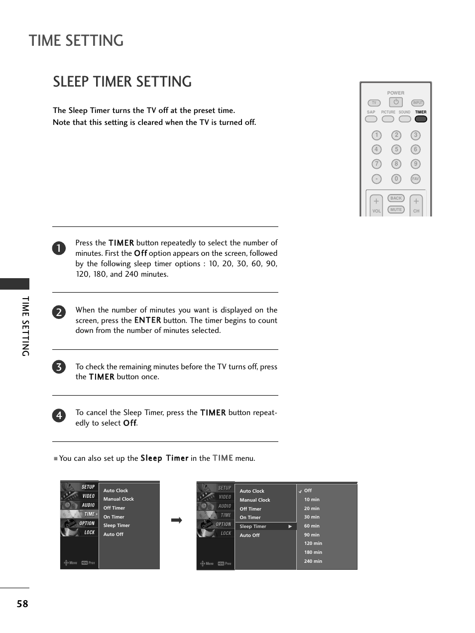 Sleep timer setting, Time setting | LG 23LS7D User Manual | Page 60 / 78