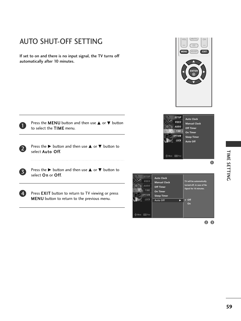 Auto shut-off setting, Time setting | LG 23LS7D User Manual | Page 61 / 78