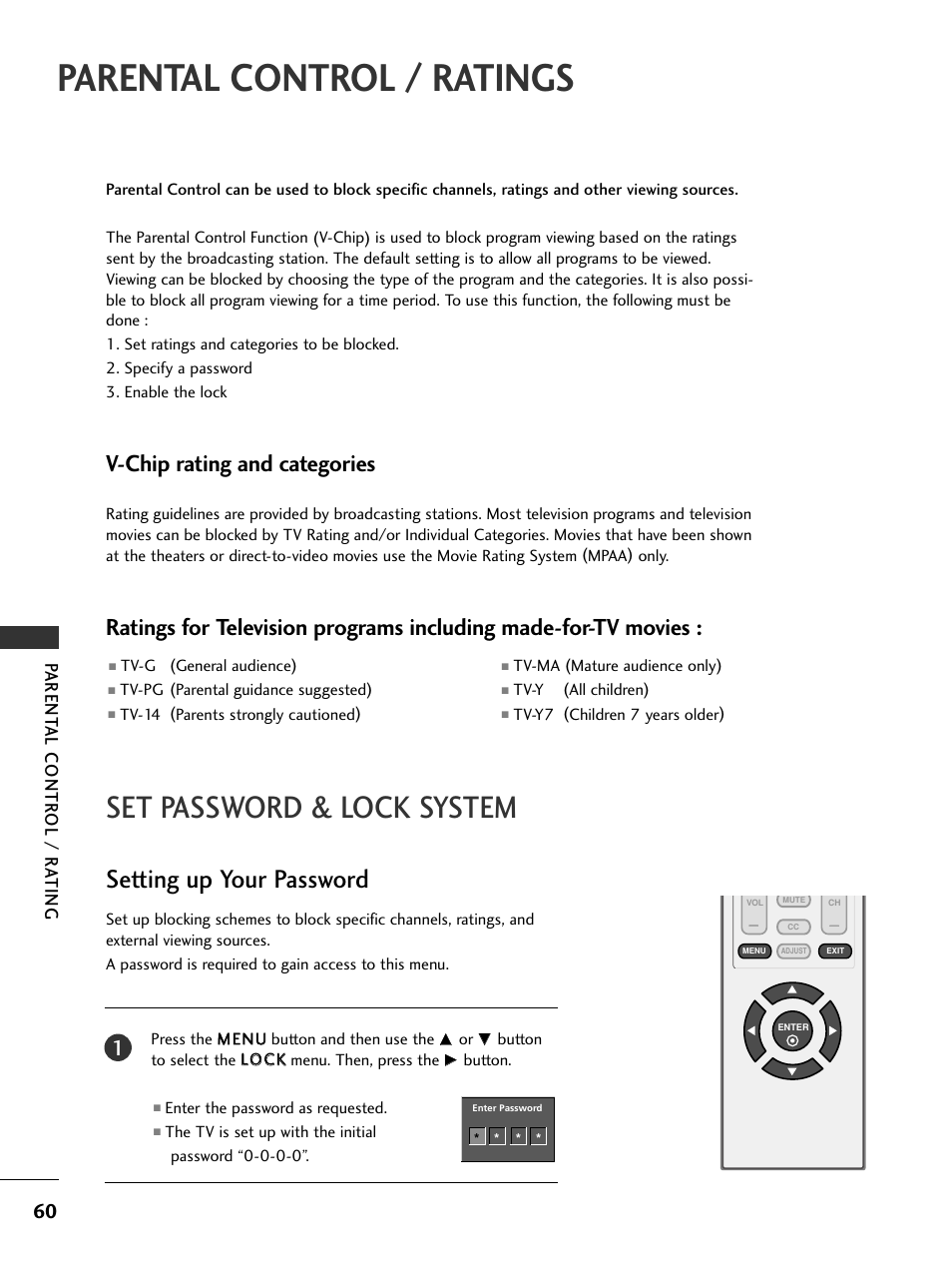 Parental control / ratings, Set password & lock system, Setting up your password | V-chip rating and categories, Parent al contr ol / r a ting | LG 23LS7D User Manual | Page 62 / 78