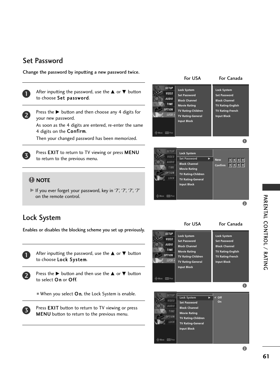 Set password, Lock system, Set password lock system | Parent al contr ol / r a ting | LG 23LS7D User Manual | Page 63 / 78