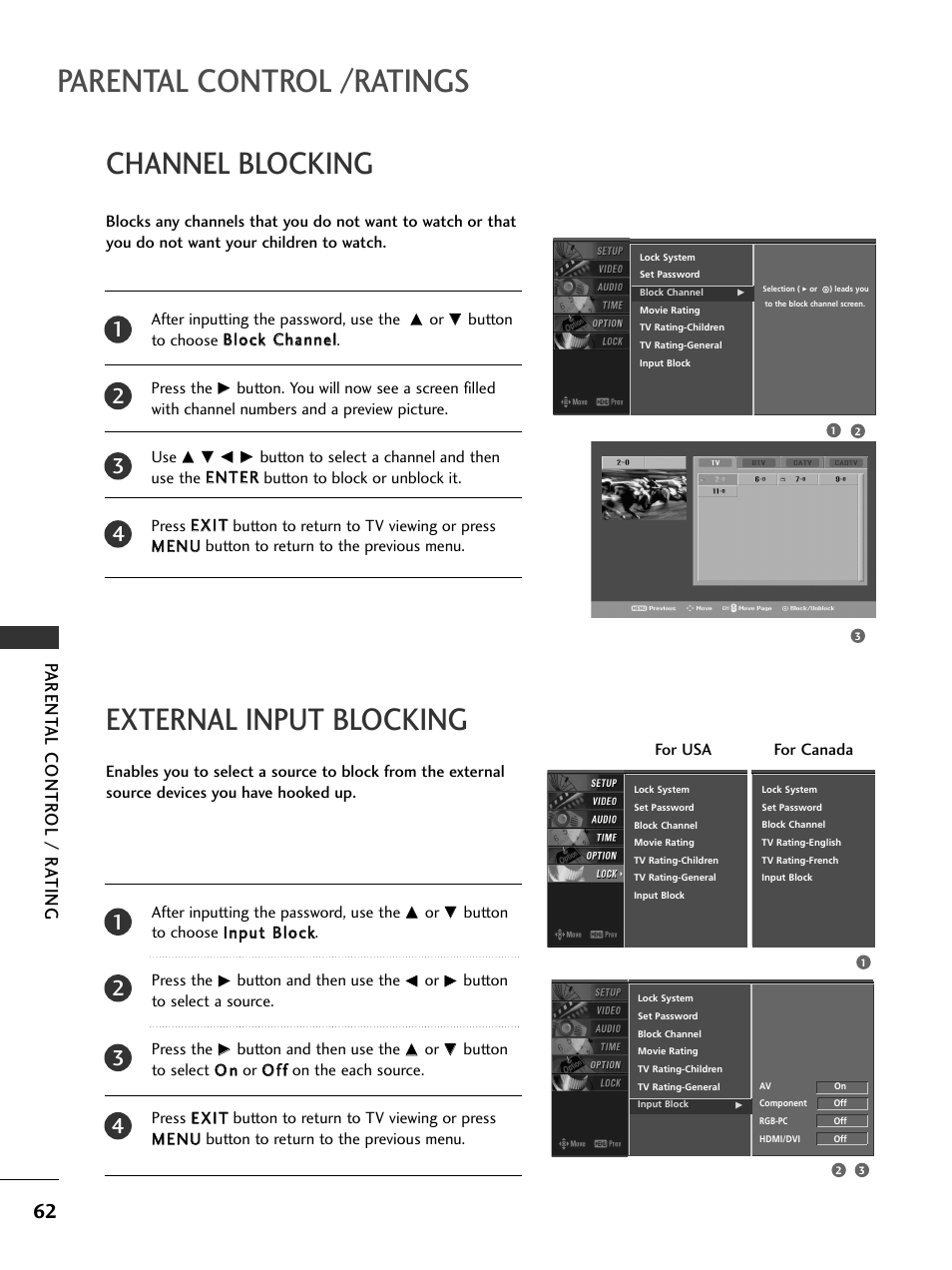 Channel blocking, External input blocking, Parental control /ratings | Channel blocking external input blocking, Parent al contr ol / r a ting | LG 23LS7D User Manual | Page 64 / 78