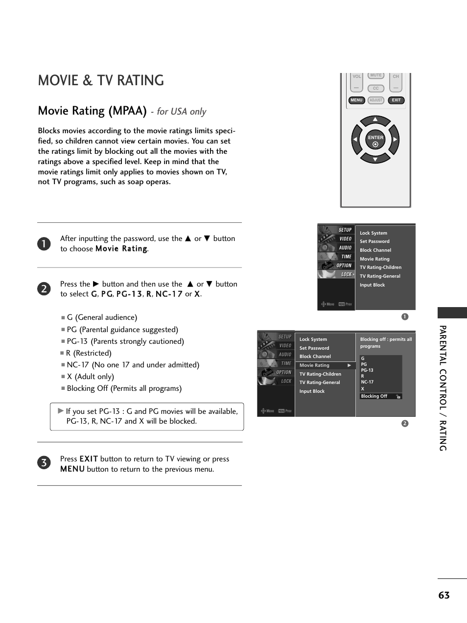 Movie & tv rating, Movie rating (mpaa) - for usa only, Movie rating (mpaa) | For usa only, Parent al contr ol / r a ting | LG 23LS7D User Manual | Page 65 / 78