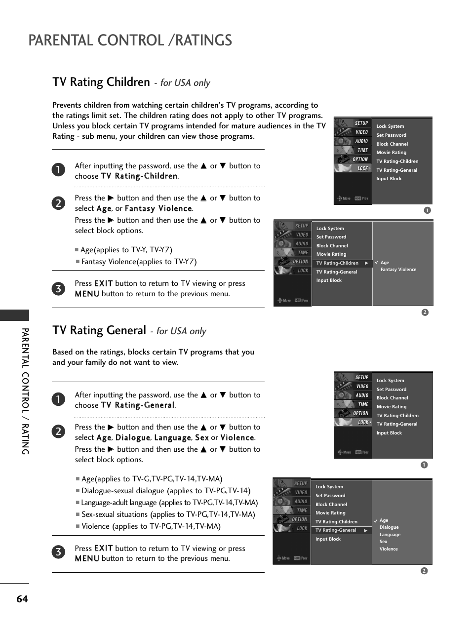 Tv rating children - for usa only, Tv rating general - for usa only, Parental control /ratings | Tv rating children, Tv rating general, For usa only, Parent al contr ol / r a ting | LG 23LS7D User Manual | Page 66 / 78