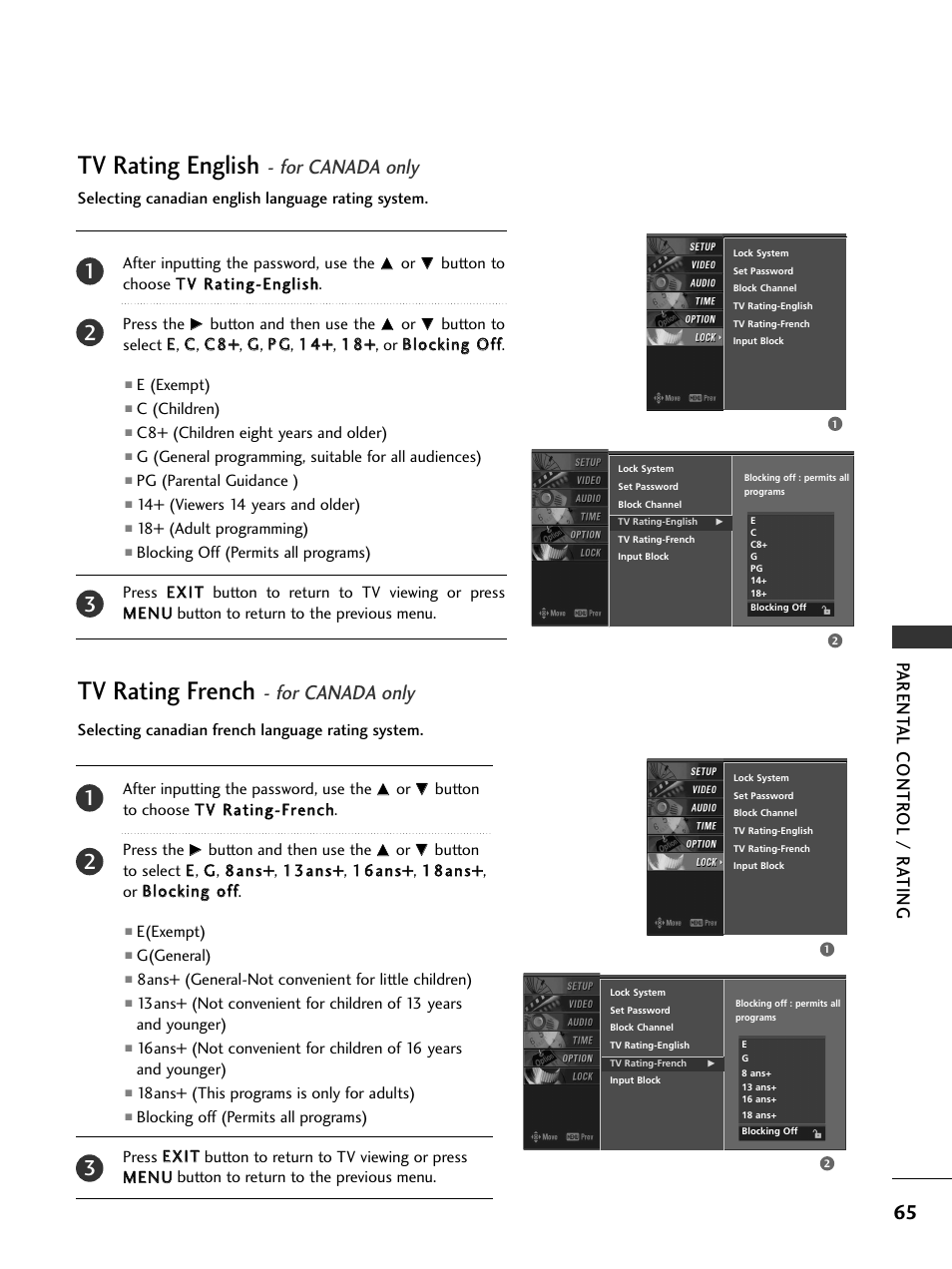 Tv rating english - for canada only, Tv rating french - for canada only, Tv rating english | Tv rating french, For canada only, Parent al contr ol / r a ting | LG 23LS7D User Manual | Page 67 / 78