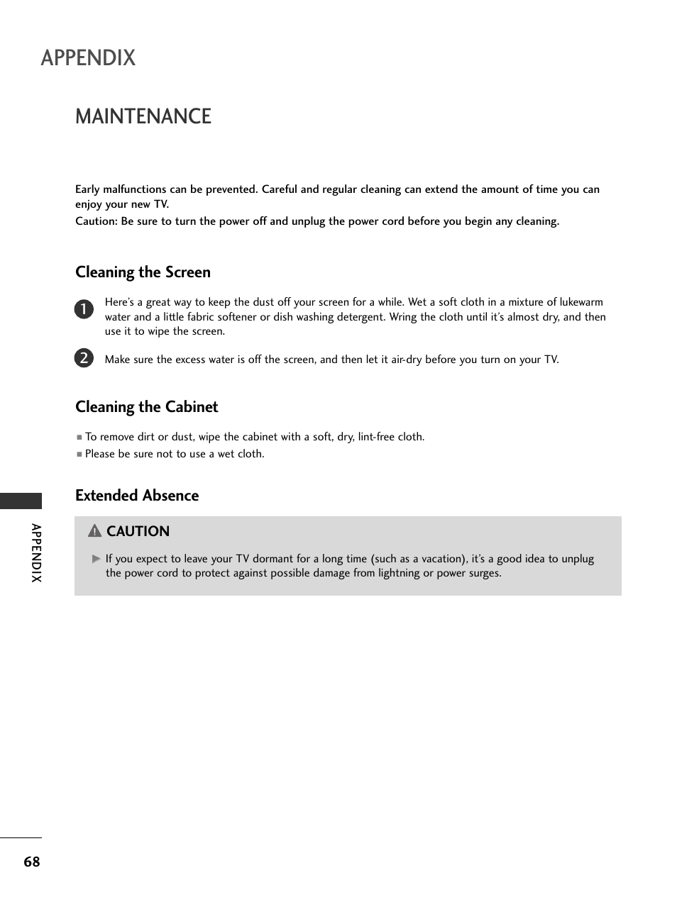 Maintenance, Appendix, Cleaning the screen | Cleaning the cabinet, Extended absence | LG 23LS7D User Manual | Page 70 / 78