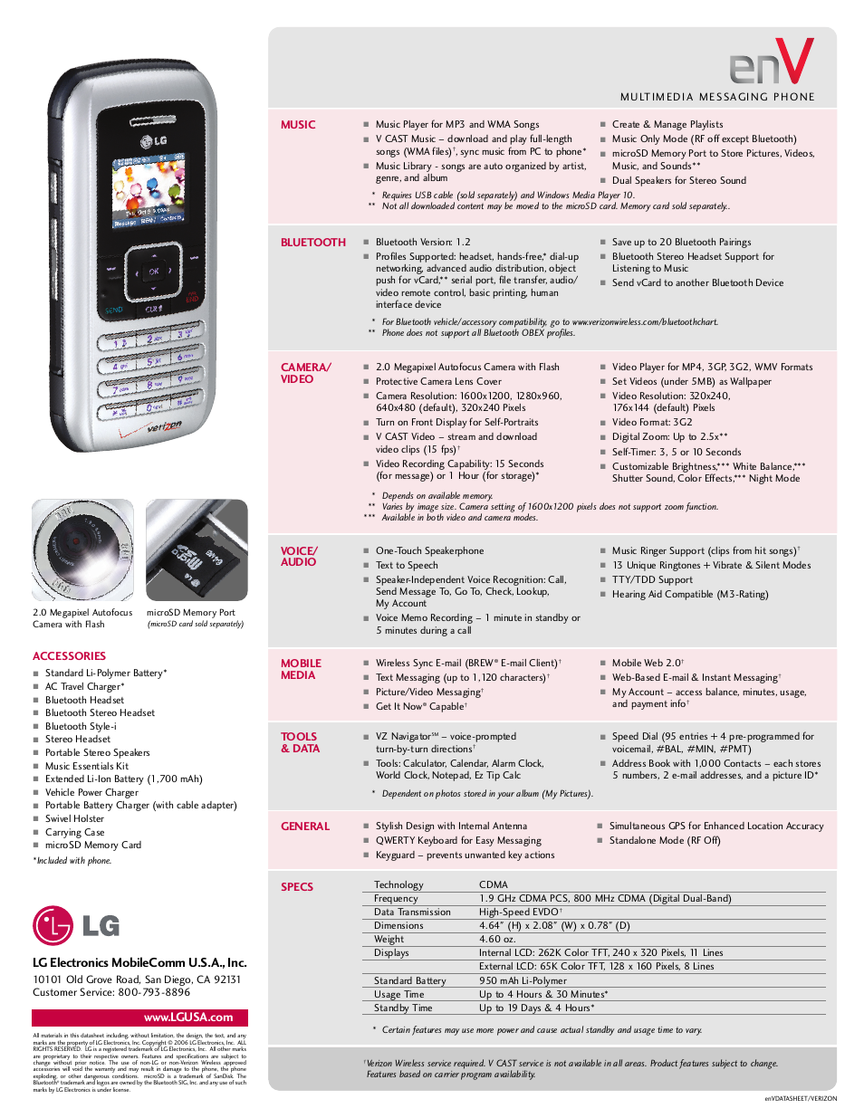 Lg electronics mobilecomm u.s.a., inc, Accessories, Music | Bluetooth, Camera/ video, Voice/ audio, Mobile media, Tools & data, General, Specs | LG MESSAGING PHONE User Manual | Page 2 / 2